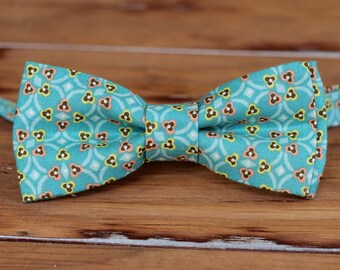 Boys Bow Tie - Teal blue print, yellow, salmon pink accents cotton bowtie - baby infant toddler child preteen boy ties - boys bow tie