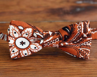 Mens Bow Tie - brown paisley floral cotton bow ties for men and teenager - unique, custom bowtie - bow ties for men