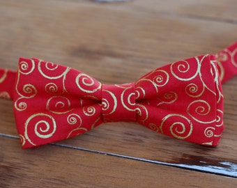 Mens Christmas Bow Tie - mens red gold swirl Cotton bowtie - bow tie for men, teen boys - mens holiday bow tie - gift for him