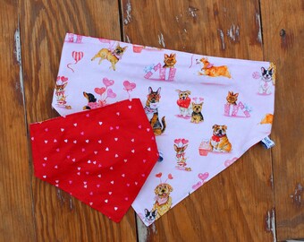 Valentine's Day, Red and pink heart dog bandana, reversible scrunchie style, dogs and pink / white hearts