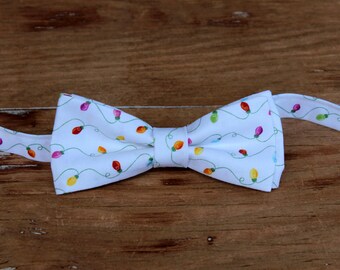 Christmas bow tie, white holiday lights cotton bowtie, adult holiday bowtie, adjustable pre-tied, white with green pink yellow tree lights