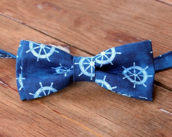 Nautical steering wheel blue bow tie, marine boat bowtie for men, mans tie, men's wedding bow tie, pre-tied adjustable, father's day