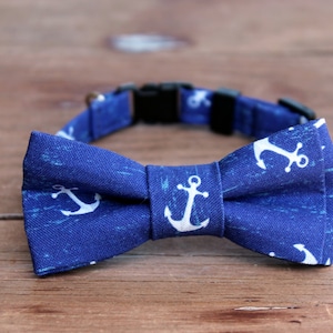 Nautical cat bow tie and collar, anchors on navy blue boat theme cat and kitten bowtie and collar, adjustable neck strap, breakaway clasp