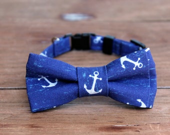 Nautical cat bow tie and collar, anchors on navy blue boat theme cat and kitten bowtie and collar, adjustable neck strap, breakaway clasp