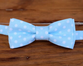 Mens Light Blue Bow Tie, men's blue white dot cotton bowtie, pre-tied and adjustable bowtie