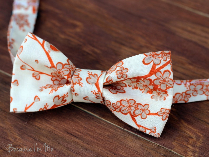 Boys Bow Tie tan orange cream cherry blossoms cotton bowtie, baby bow tie, toddler bow tie, child bow tie, little boy bow tie, wedding tie image 2