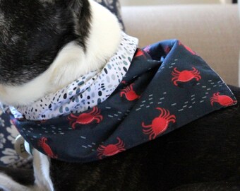 Dog bandana, red blue crab pet bandanna, reversible self-tying bandana for cat or dog, blue white dot print, cotton, gift for dog lover