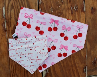 Valentine's dog bandana, hearts bows cherries cotton reversible pet bandanna, i love you text