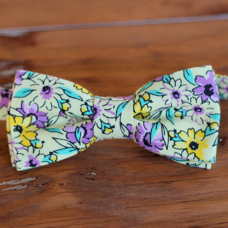 Mens floral yellow bow tie, purple flowers on cotton bowtie, bow tie for men and teen boys, wedding bow tie, grooms bow tie, custom bowtie image 1