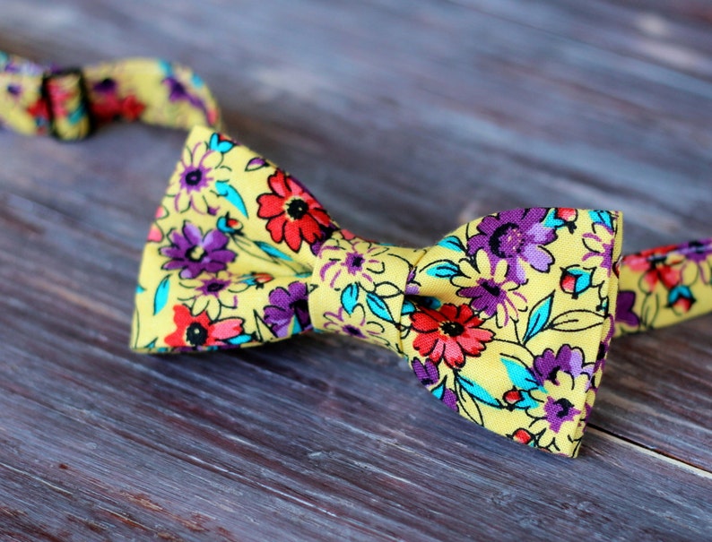 Boys yellow floral bow tie, boy's purple red flowers cotton bowtie, bow tie for infant baby toddler child preteen, boys wedding tie, gift image 3