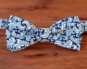 Boys navy blue floral bow tie, boy's ivory floral bowtie, navy blue bow tie, cream bow tie, boys wedding bow tie - blue ring bearer bow ties