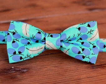 Boys casual blue-green cotton bow tie, gray leaf bowtie, toddler tie, infant bow tie