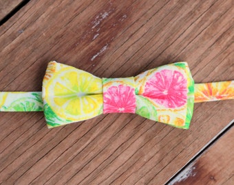 Tropical cat bow tie and collar, yellow pink green orange kitten bowtie collar, adjustable neck strap, breakaway clasp, lemon lime