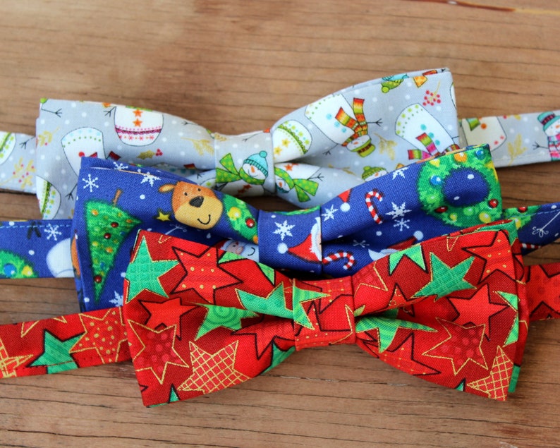 Kids Christmas bow tie, boys holiday bow tie, bow tie for children, santa snowman snowflake, cotton bow tie, pretied bowtie, red green gold image 2