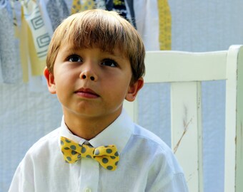 Boys Yellow Gray Bow Tie - boys yellow bow tie - gray dot tie - baby bow tie - bow tie for toddler - summer tie - wedding tie - smash cake