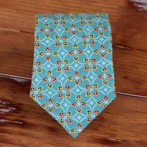 Boys Necktie - Teal Geometric Print, yellow, salmon cotton neck tie - infant baby toddler child preteen boy - boys wedding necktie - necktie