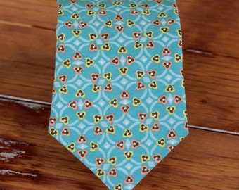 Boys Necktie - Teal Geometric Print, yellow, salmon cotton neck tie - infant baby toddler child preteen boy - boys wedding necktie - necktie