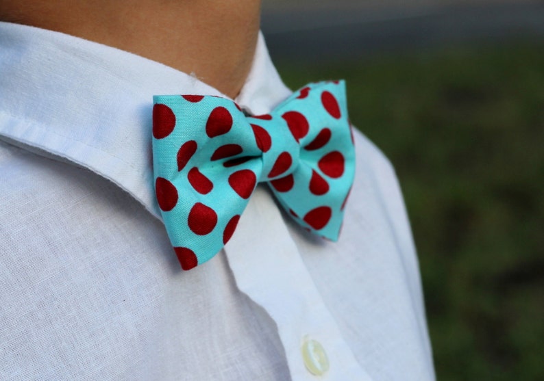 Mens Cotton Bow Tie Soft Turquoise blue and Bright Red Dot Print Cotton Bowtie bow tie for men, teen boy, wedding bow tie, mens blue tie image 5