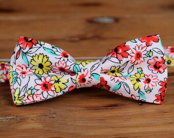 Mens Floral Bow Tie, red yellow pink flowers bow tie, mens bow tie, wedding bow tie, gift for teen, pre tied bow tie, bow ties for men, gift