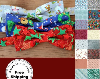 Mens Christmas bow tie, holiday bow tie, snowman snowflake santa holly red blue green white pink bow ties, cotton pre-tied bowtie, many