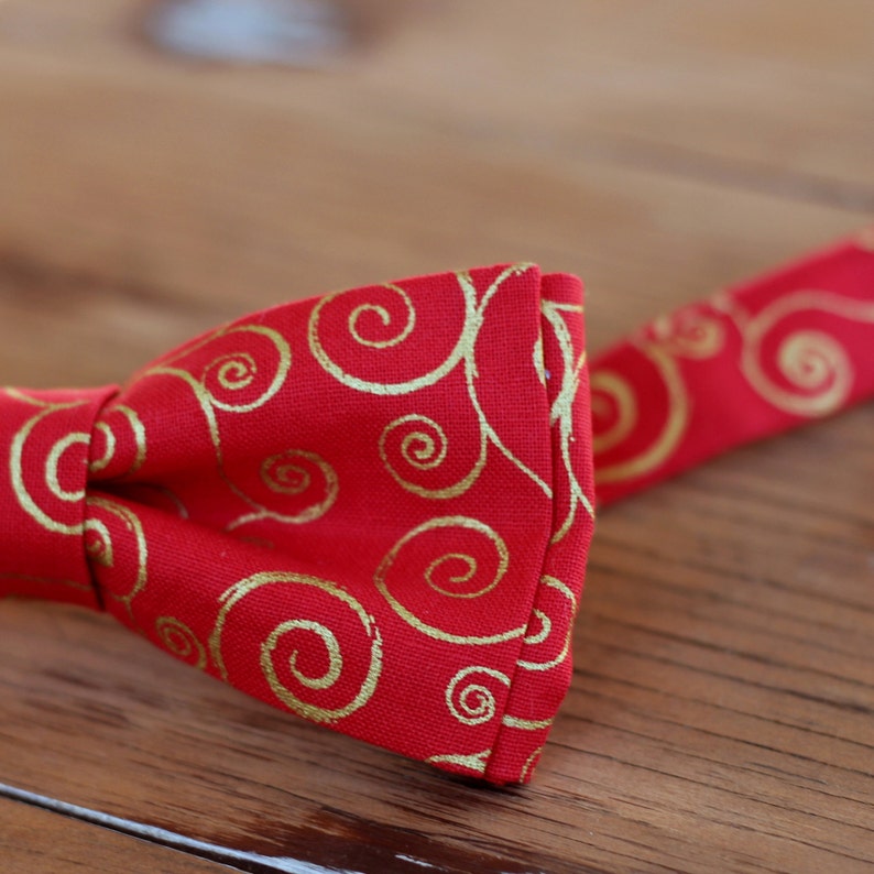 Mens Christmas Bow Tie mens red gold swirl Cotton bowtie bow tie for men, teen boys mens holiday bow tie gift for him image 2