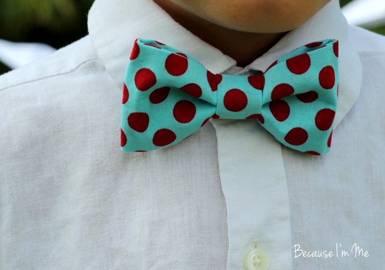 Mens Cotton Bow Tie Soft Turquoise blue and Bright Red Dot Print Cotton Bowtie bow tie for men, teen boy, wedding bow tie, mens blue tie image 3