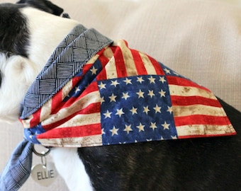 American Flag Pet Bandana, navy blue and red patriotic flag bandanna for cat or dog, reversible self-tying cotton bandana, crosshatch print