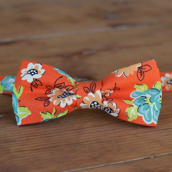 Boys orange floral cotton bow tie, toddler tie, dressy baby boy clothes, ring bearer tie