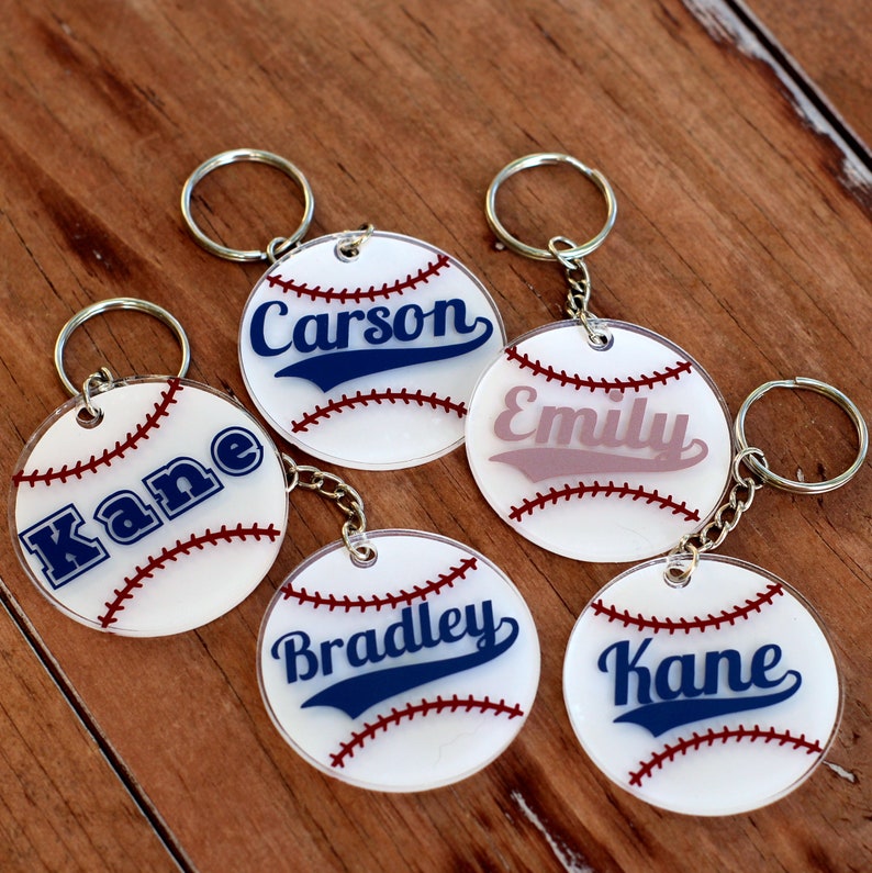 Personalized Name Baseball Keychains, Round Baseball Key Chains, Softball Key Rings, TBall Bag ID, Personalized Gift, ball tag, kids gift image 1