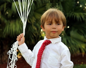 Boys red necktie, red white polka dot cotton tie for boy, infant baby toddler child preteen necktie, boys necktie, birthday tie, ring bearer