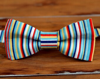 Mens Bow Tie - blue multi narrow striped cotton bow tie for men and teen, pre-tied and adjustable bowtie | nautical bow tie | stripes | gift