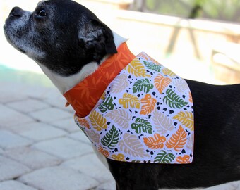Tropical dog bandana, orange green gold pet bandanna, cotton reversible self-tying bandana, gift for puppy lover, palm leaf print, cat