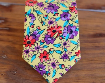 Boys Floral Yellow Cotton Necktie, neck tie in infant, toddler, or child sizes, pre-tied necktie, ring bearer necktie, little boy tie, gift