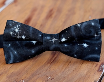 Boys Black Bow Tie - boys silver cotton star bowtie - New Year's Eve bow tie - boys cosmic stars tie - infant baby toddler child preteen boy