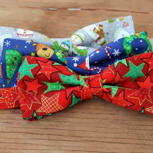 Kids Christmas bow tie, boys holiday bow tie, bow tie for children, santa snowman snowflake, cotton bow tie, pretied bowtie, red green gold image 3