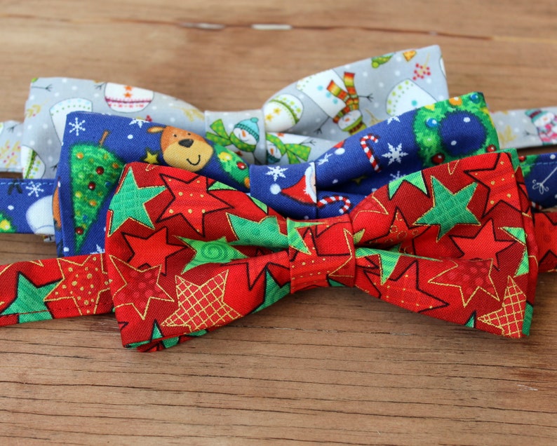 Kids Christmas bow tie, boys holiday bow tie, bow tie for children, santa snowman snowflake, cotton bow tie, pretied bowtie, red green gold image 3