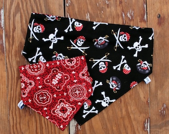 Black Red Pirate Reversible Cotton Dog Bandana, elastic scrunchie bandana