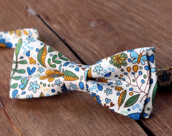 Funky floral bow tie, blue gold and green cotton bow tie on cream, mans tie, men's wedding bow tie, pre-tied adjustable, father's day