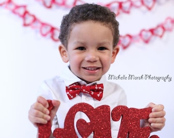 Boys Red Valentine's Bow Tie - red and white heart arrow bow tie for boy, bowtie for baby infant toddler child preteen, first birthday ties