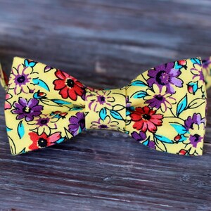 Boys yellow floral bow tie, boy's purple red flowers cotton bowtie, bow tie for infant baby toddler child preteen, boys wedding tie, gift image 2