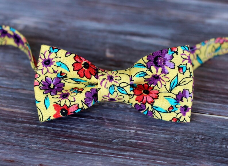 Boys yellow floral bow tie, boy's purple red flowers cotton bowtie, bow tie for infant baby toddler child preteen, boys wedding tie, gift image 2