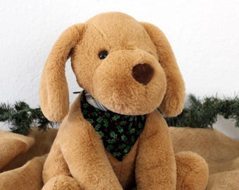 Christmas dog bandana, holiday dog bandanna, red green plaid, reversible green holly + berries on black, self tying cotton puppy cat bandana