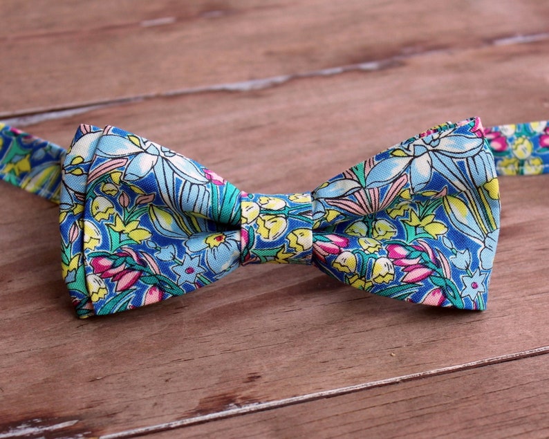 Men's Bow Tie, Liberty of London High Summer Flower Show, Adlington Hall, Cotton Bow Tie, flowers on blue, pretied bow tie, wedding tie image 1