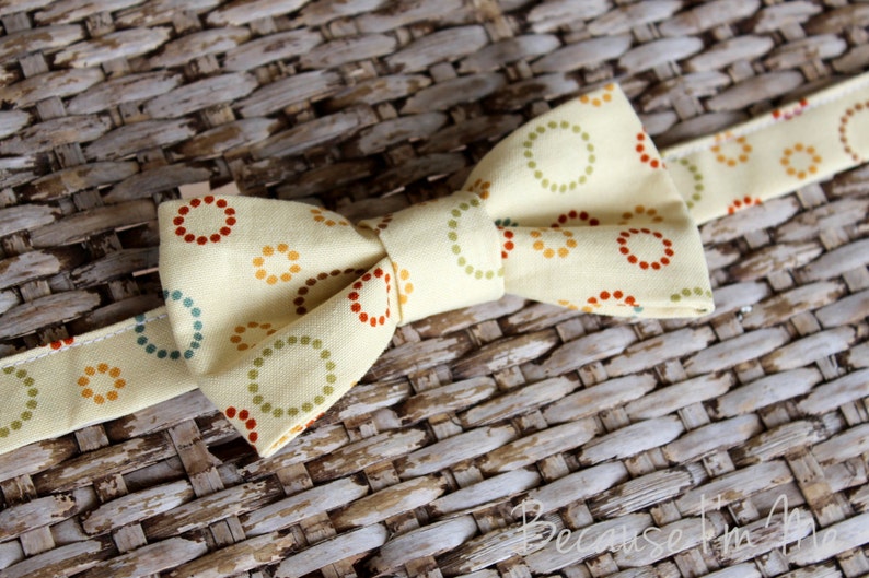 Mens Cotton Bow Tie Multi color circle print on cream bowtie pre tied adjustable bow ties mens bow tie wedding bow tie image 4