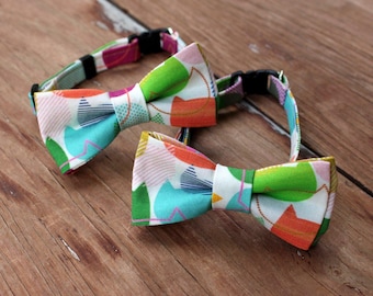 Cat Colorful Bow Tie and Collar, cotton kitten and cat bowtie, adjustable collar, breakaway clasp, fun cat clothing, gift for cat lover