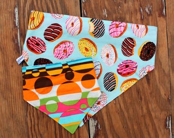 Donut Dog Bandana, doughnut reversible scrunchie style cotton puppy bandanna, geometric