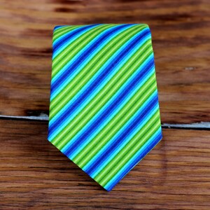 Boy&#39;s Necktie - rich green and blue striped woven cotton boys neckties - neck ties for baby, infant, toddler, child - kids pre tied neck tie
