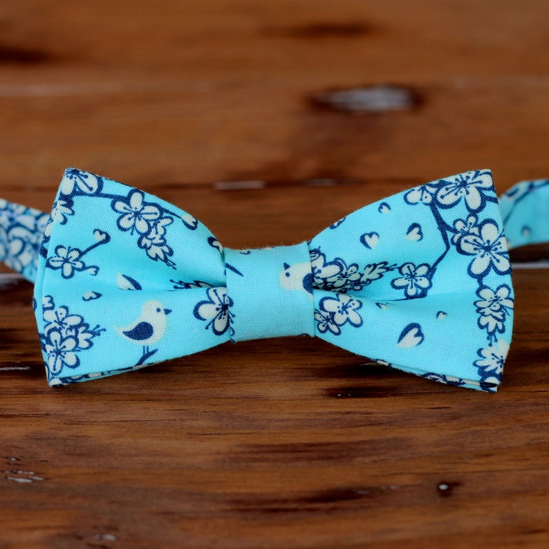 Mens Blue Floral Bow Tie, men's cherry blossom cream bird bowtie, mens wedding bow tie, groomsmen bow tie, fathers day gift, rustic wedding image 1