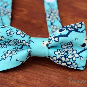 Mens Blue Floral Bow Tie, men's cherry blossom cream bird bowtie, mens wedding bow tie, groomsmen bow tie, fathers day gift, rustic wedding image 3