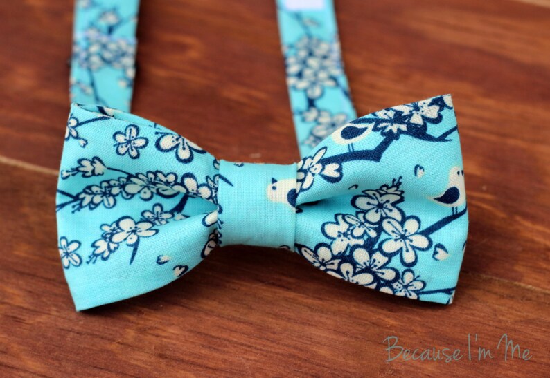 Mens Blue Floral Bow Tie, men's cherry blossom cream bird bowtie, mens wedding bow tie, groomsmen bow tie, fathers day gift, rustic wedding image 3